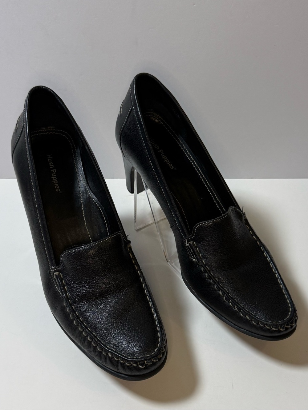 Black Leather Mid-Heel Slip-On Pumps